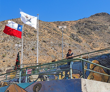Consuelo standing on a ramp with colorful mural art, mountainous dry landscape in the background