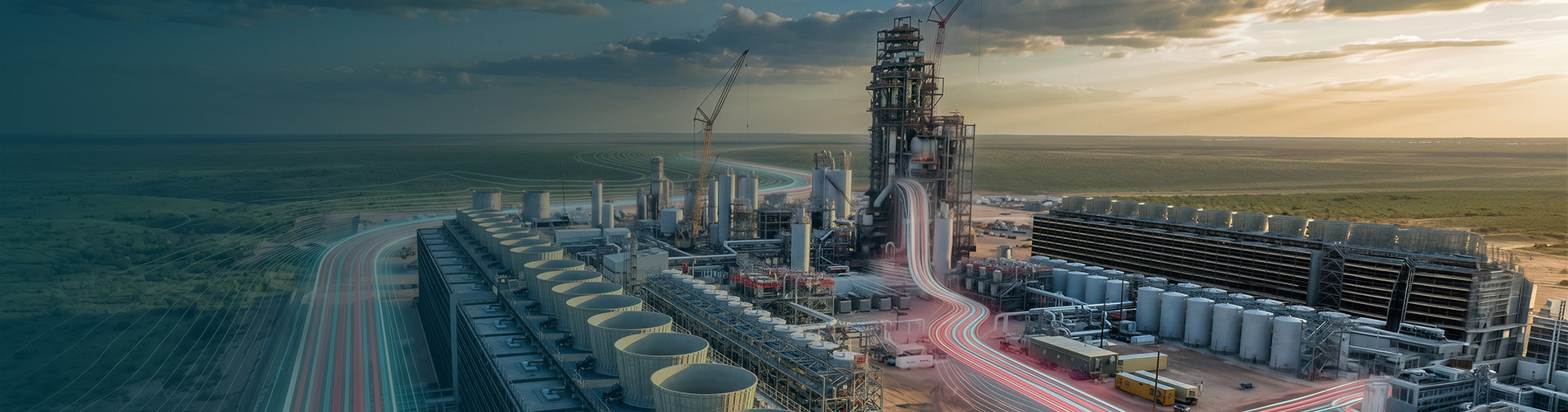 Large energy facility next to a landscape.
