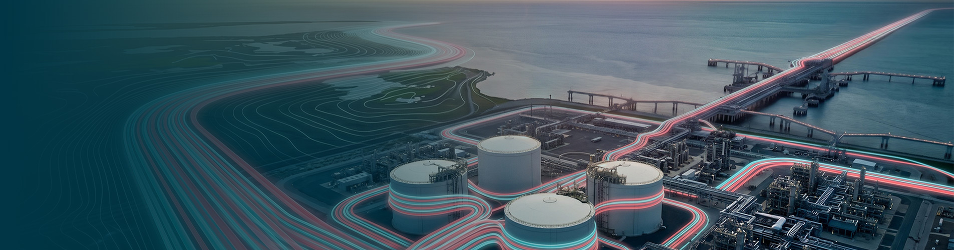 Industrial energy facility with interconnected infrastructure representing integrated energy systems.
