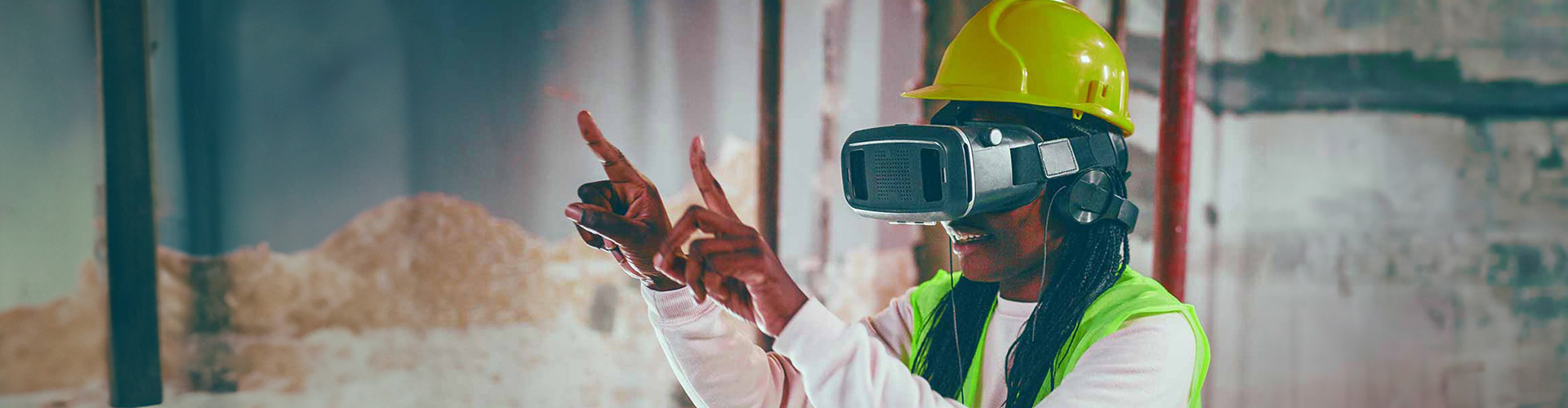 Person wearing a virtual reality headset with their arms out in front of them.