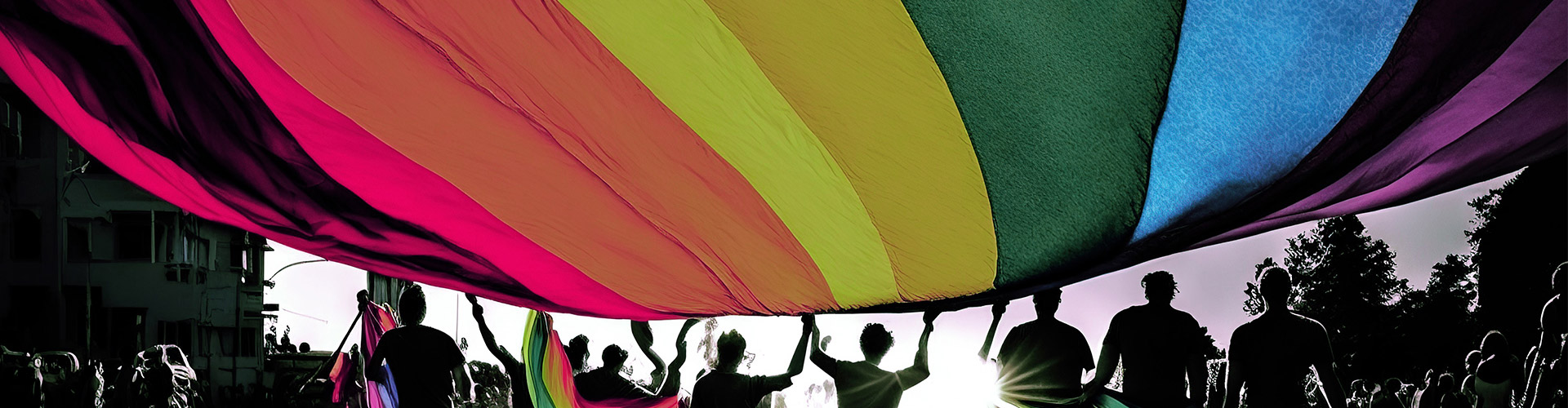 Row of people holding up a big rainbow coloured flag.