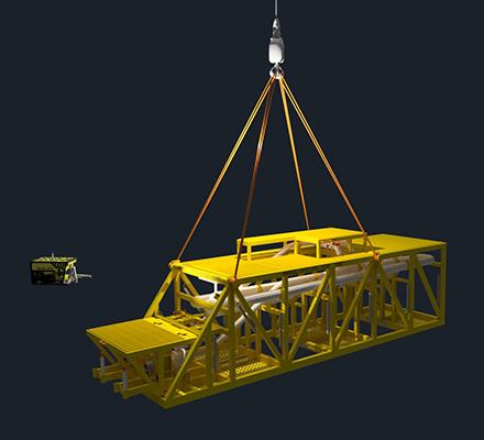 3D illustration of the FCU being lifted by a crane.