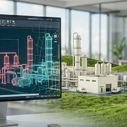 Screen showing the digital engineering design model transitioning into the constructed facility.