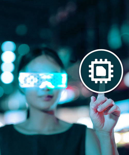 Women wearing VR glasses and working with AI agent.