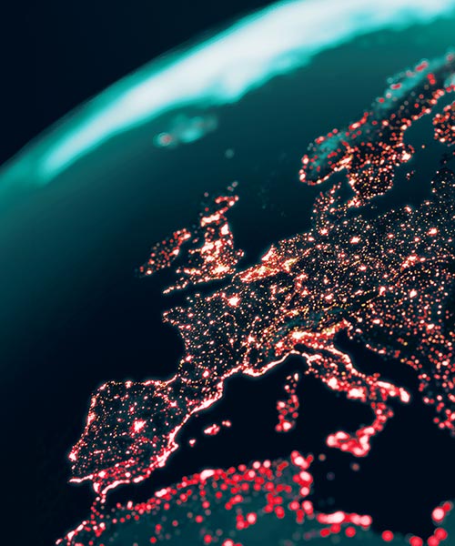 View of the Earth from space with countries illuminated.