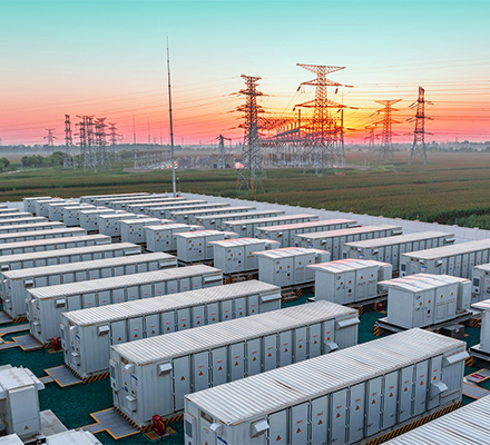 Grid-scale battery storage site connected to transmission infratructure.