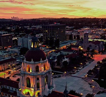Aerial view of the city buildings in Pasadena, California.