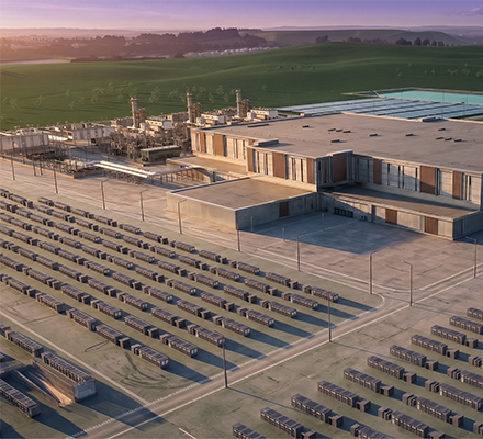 Conceptual rendering of a data center campus with on-site power generation and battery energy storage infrastructure.