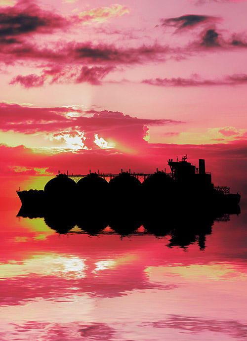 Silhouette of a LNG tanker on water.