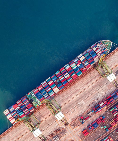 Aerial view of an oil tanker in the water.