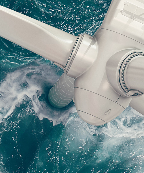 Looking down onto a wind turbine in the ocean.