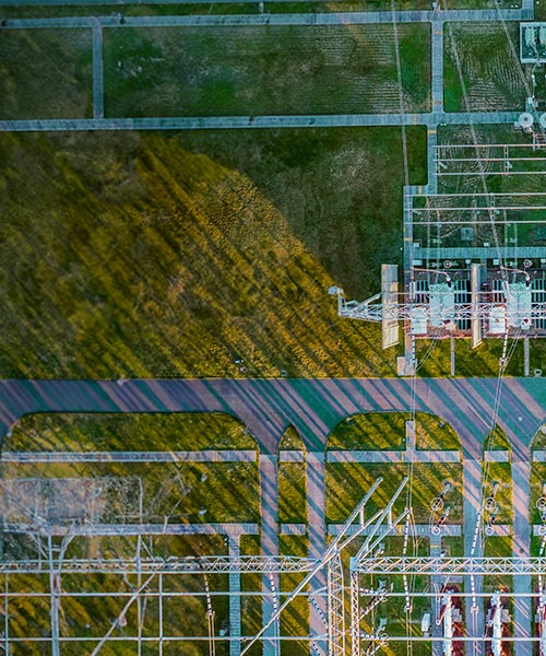 Aerial view of an electrical substation.