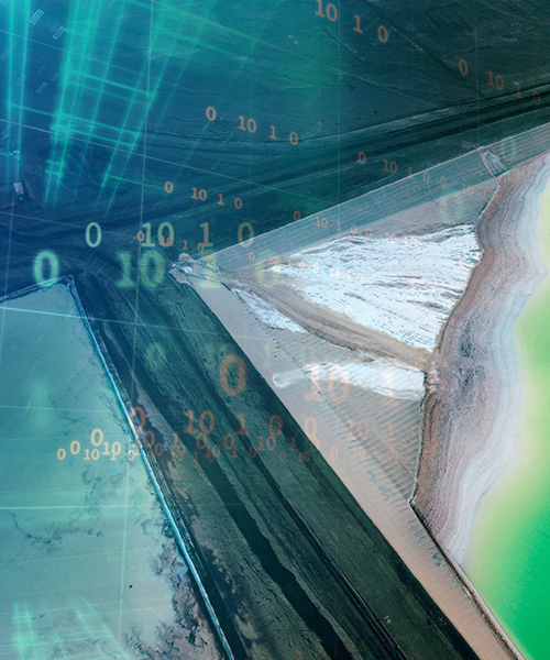 Aerial view of a lithium mine with an overlay of digits.