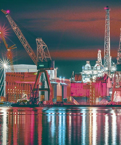 Worley Rosenberg yard illuminated with lights at Stavangar Norway.