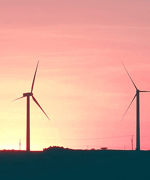 Rows of onshore wind turbines.