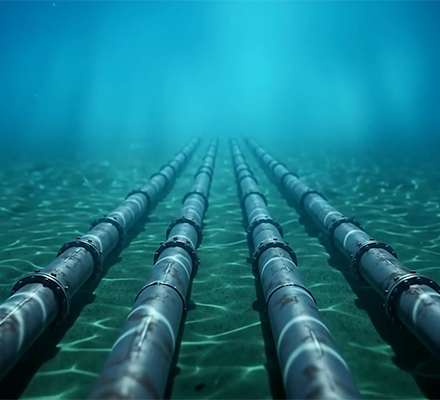 3D rendering of 4 pipes on the bottom of the seabed.