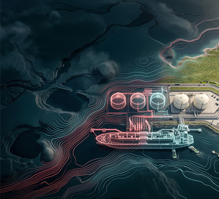Coastal energy infrastructure with digital overlay.