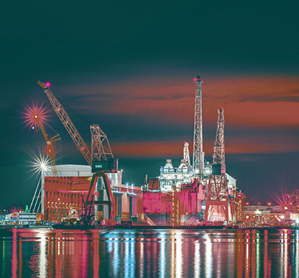 Worley Rosenberg yard illuminated with lights at Stavangar Norway.