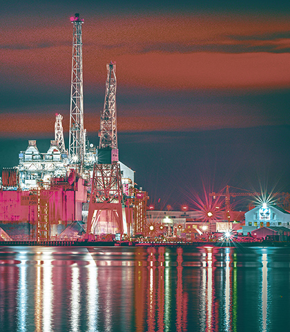 Worley Rosenberg yard illuminated with lights at Stavangar Norway.