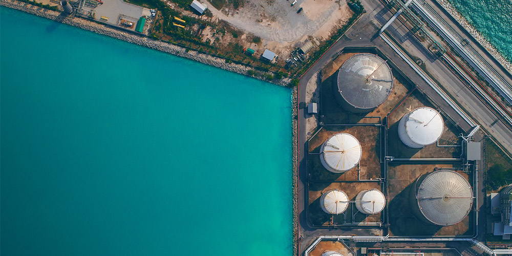 Oil storage tanks at a port.