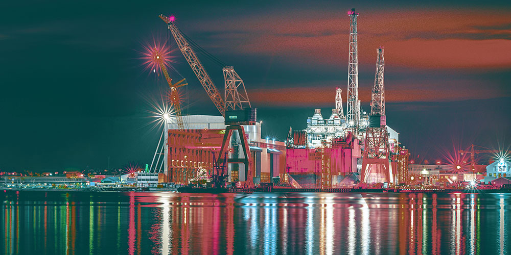 Worley Rosenberg yard illuminated with lights at Stavangar Norway.