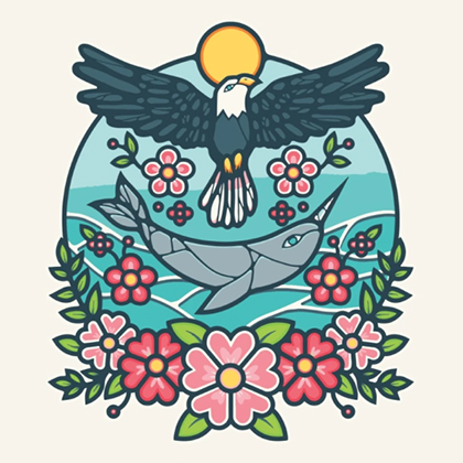 Artwork of an eagle, dolphin and flowers.