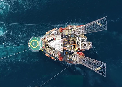 Aerial view of a large offshore oil platform.