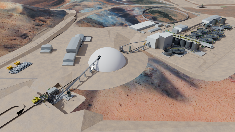 Aerial rendering of a mining processing facility showing conveyors, processing plant infrastructure, storage facilities and supporting site infrastructure in a remote desert landscape.