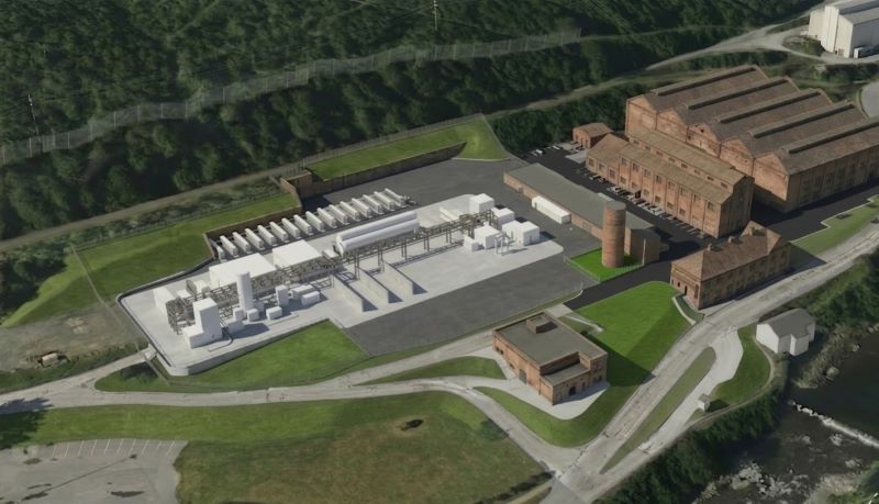 Aerial 3D rendering of the planned RjukanLH2 liquid hydrogen facility and surrounding industrial site in Rjukan, Norway.