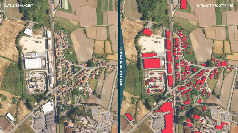 Satellite view with AI-generated building and infrastructure outlines in red.
