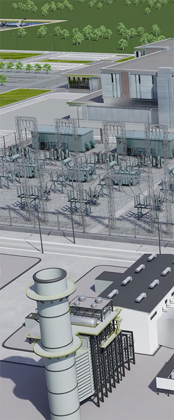 Data center building with adjacent electrical substation and power equipment.