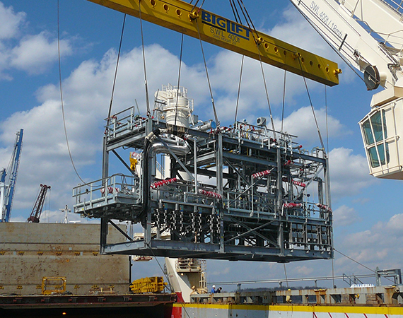 Modular unit being lifted by a crane.