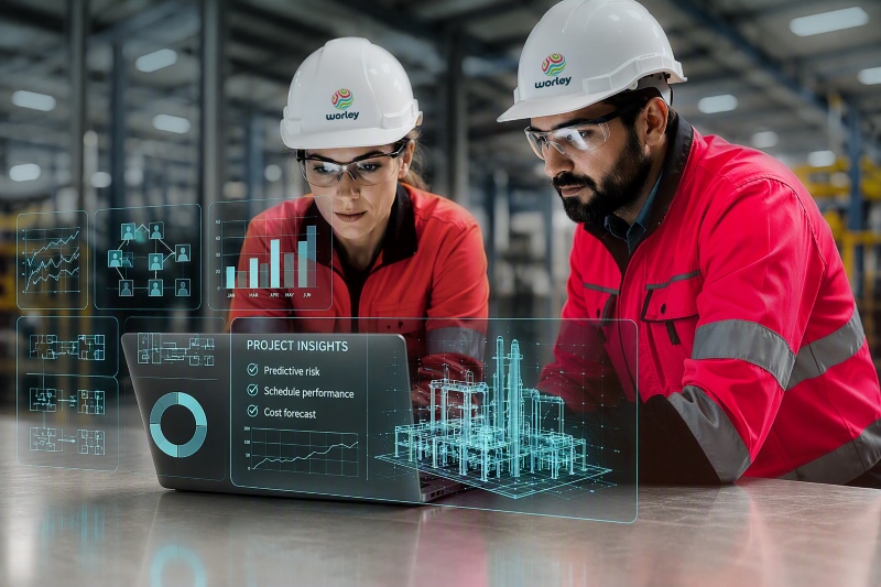 Two people wearing hard hats with a digital infographic overlay.