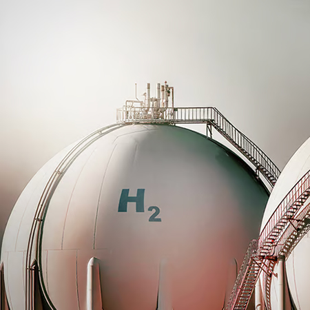Two spherical tanks with H2 symbol on the side.