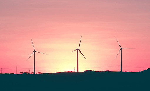 Rows of wind turbines in front of an orange sky.